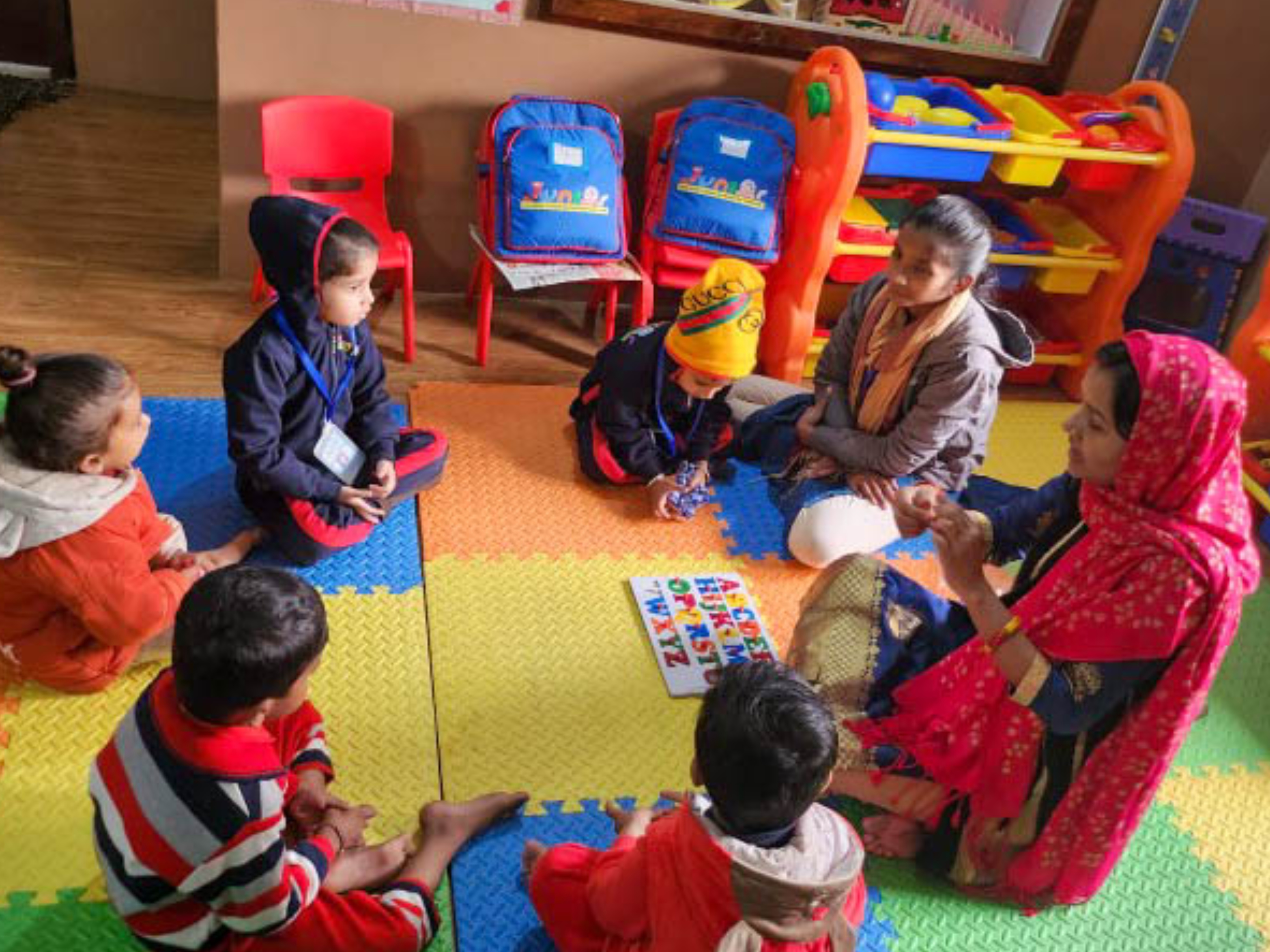 Teacher conducting a storytelling session for young learners